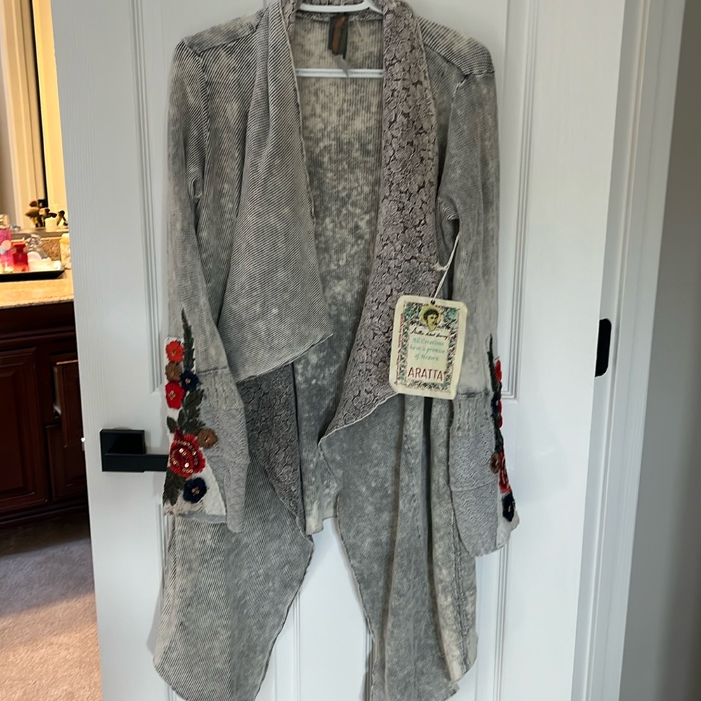 Aratta Open Front Embroidered Cardigan